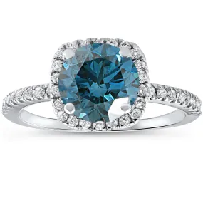 1 3/4 ct Blue Diamond Cushion Halo Engagement Ring 14k White Gold