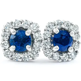 1 3/8 Ct Genuine Blue Sapphire & Diamond Cushion Halo Studs 14k White Gold