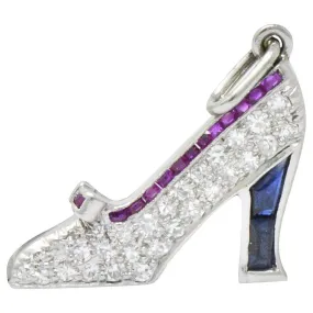 Art Deco Diamond Sapphire Ruby Platinum High-Heel Shoe Charm