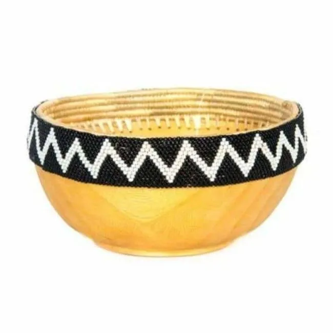 Black + White Beaded Wooden Bowl II