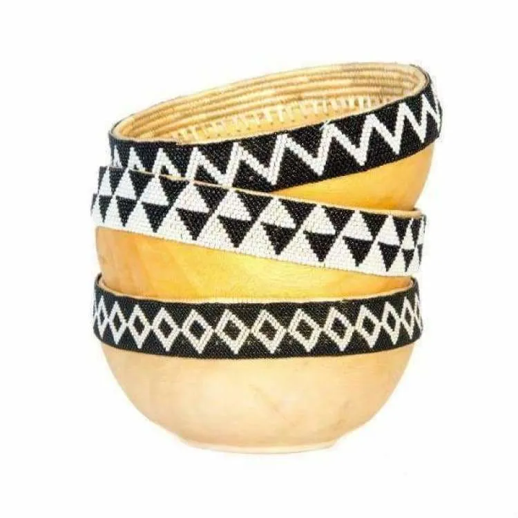 Black + White Beaded Wooden Bowl II