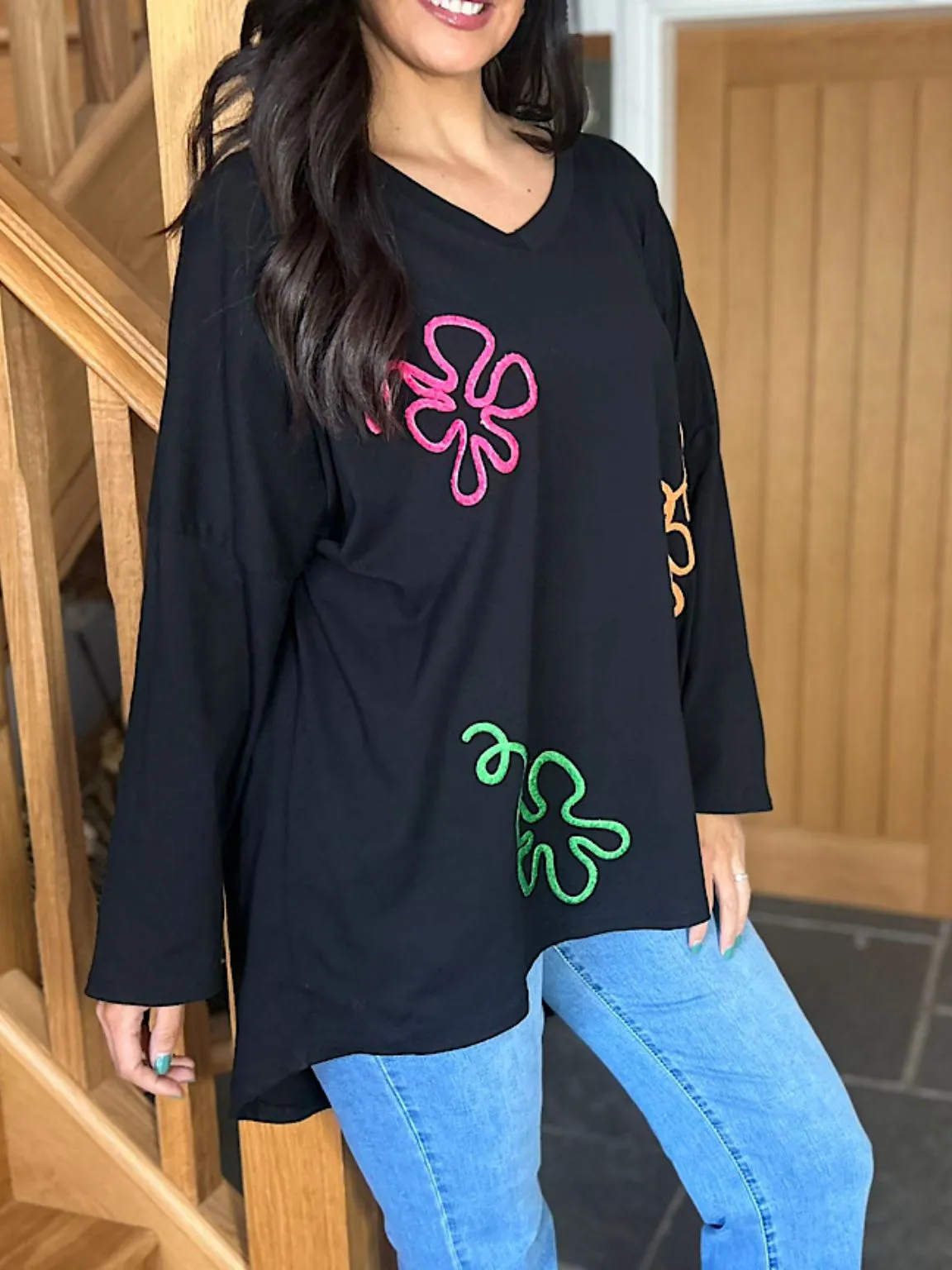 Black Bright Swirl Flower Sweat Top Juliet