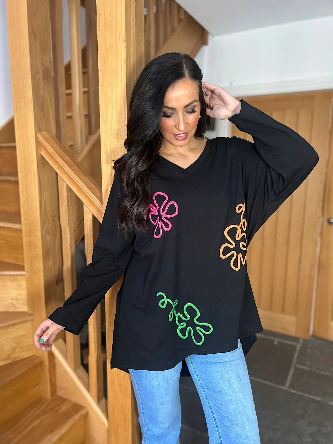 Black Bright Swirl Flower Sweat Top Juliet