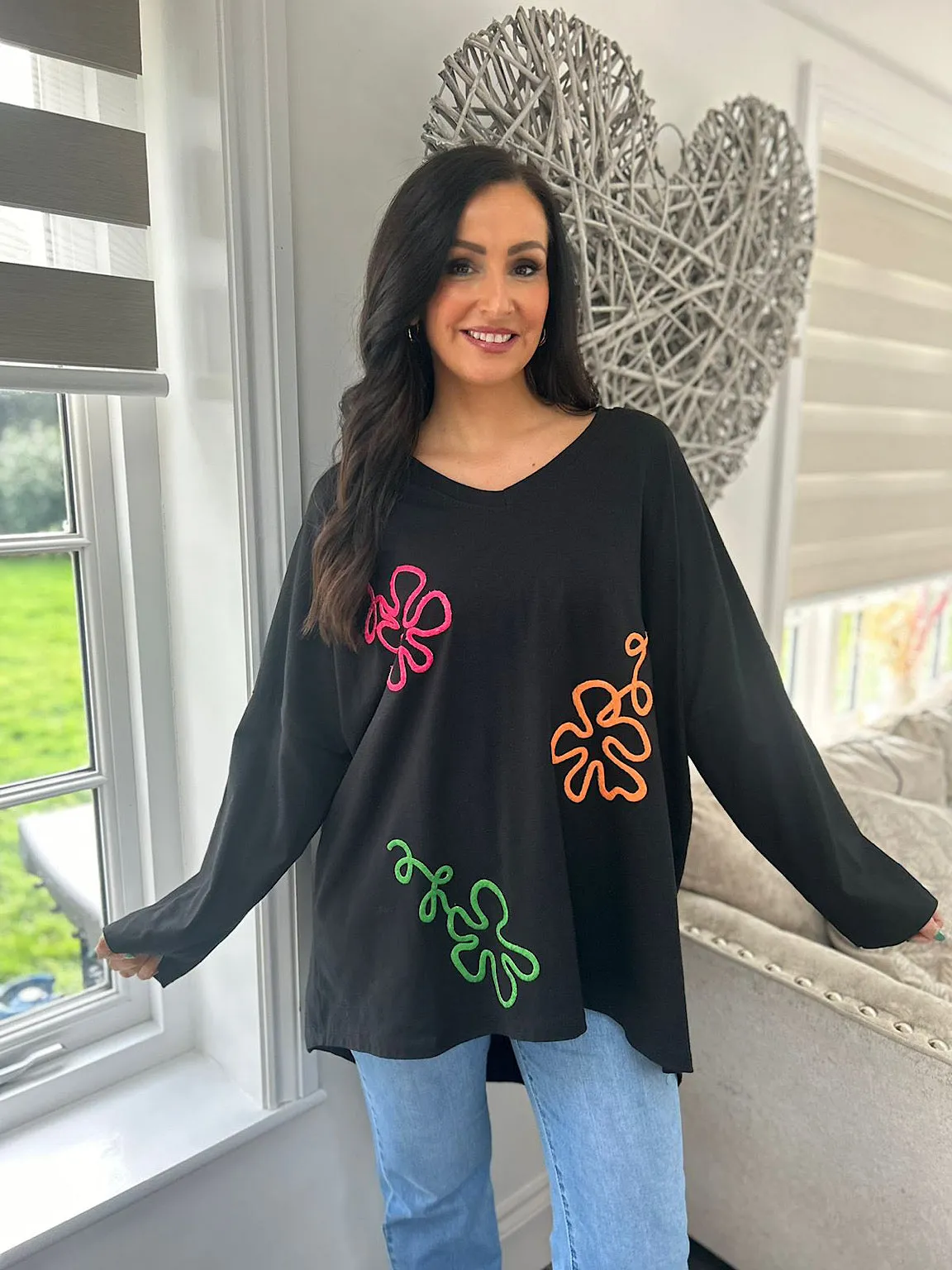 Black Bright Swirl Flower Sweat Top Juliet