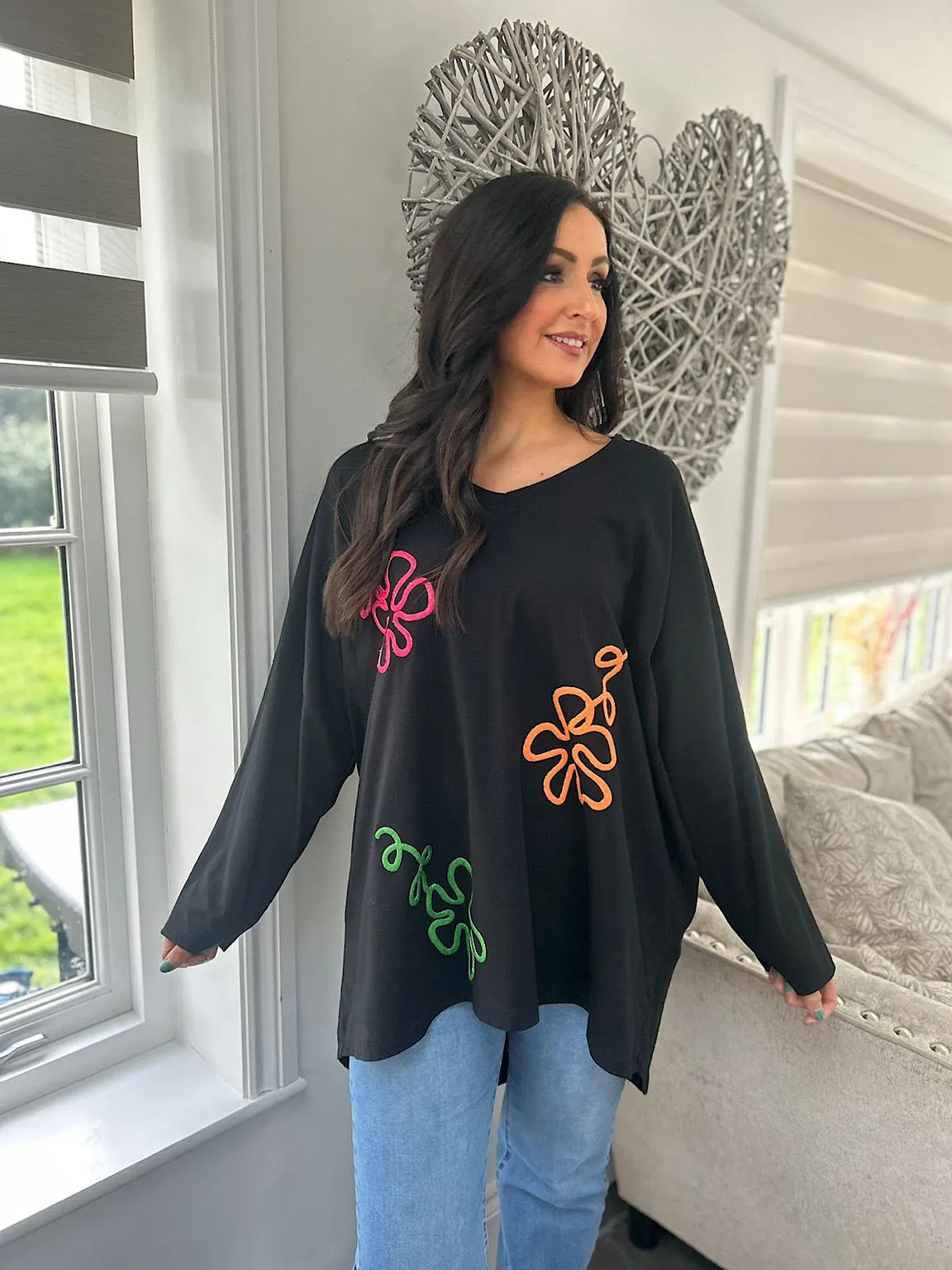 Black Bright Swirl Flower Sweat Top Juliet