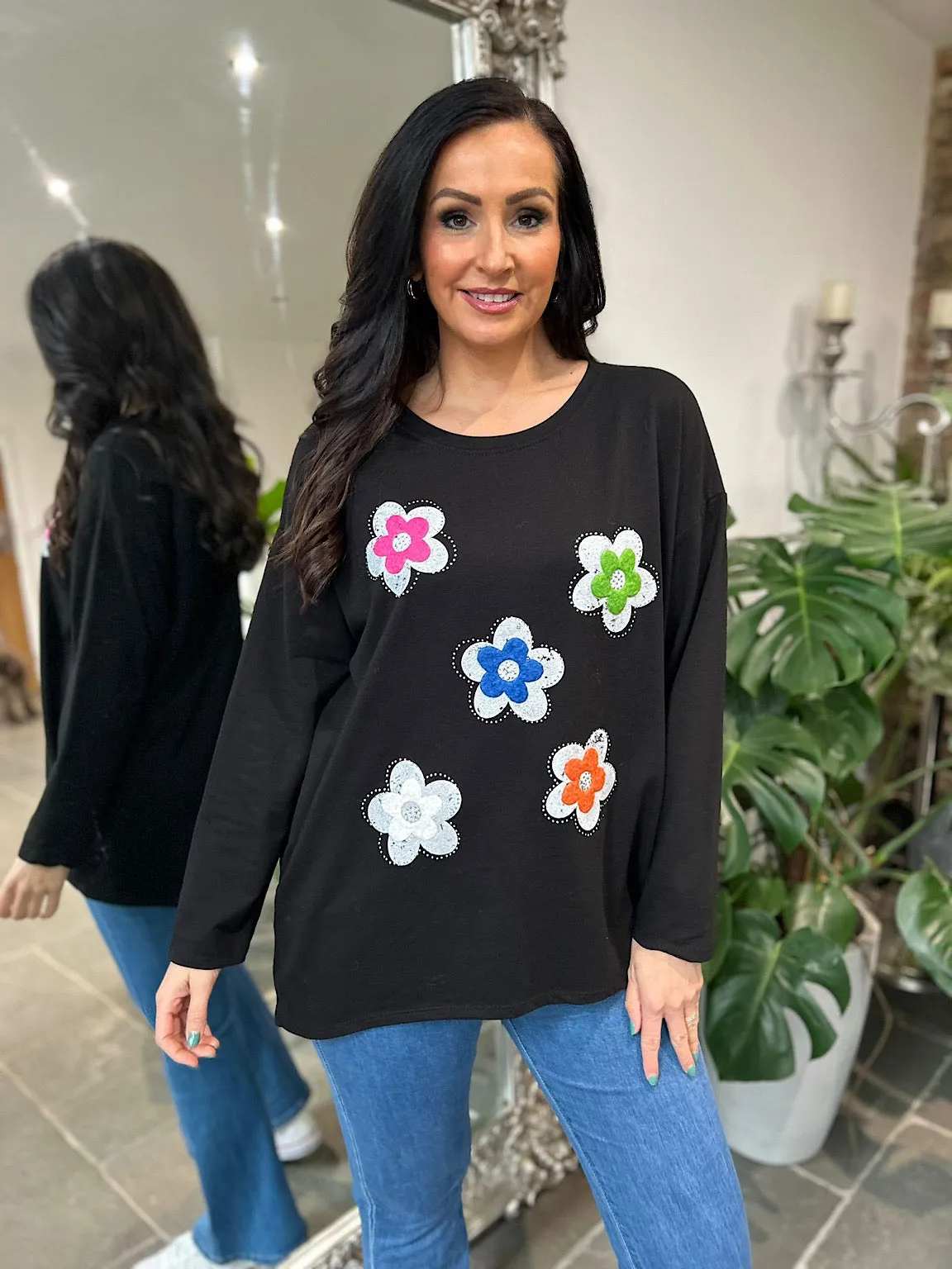 Black Textured Flower Sweat Top Harriet