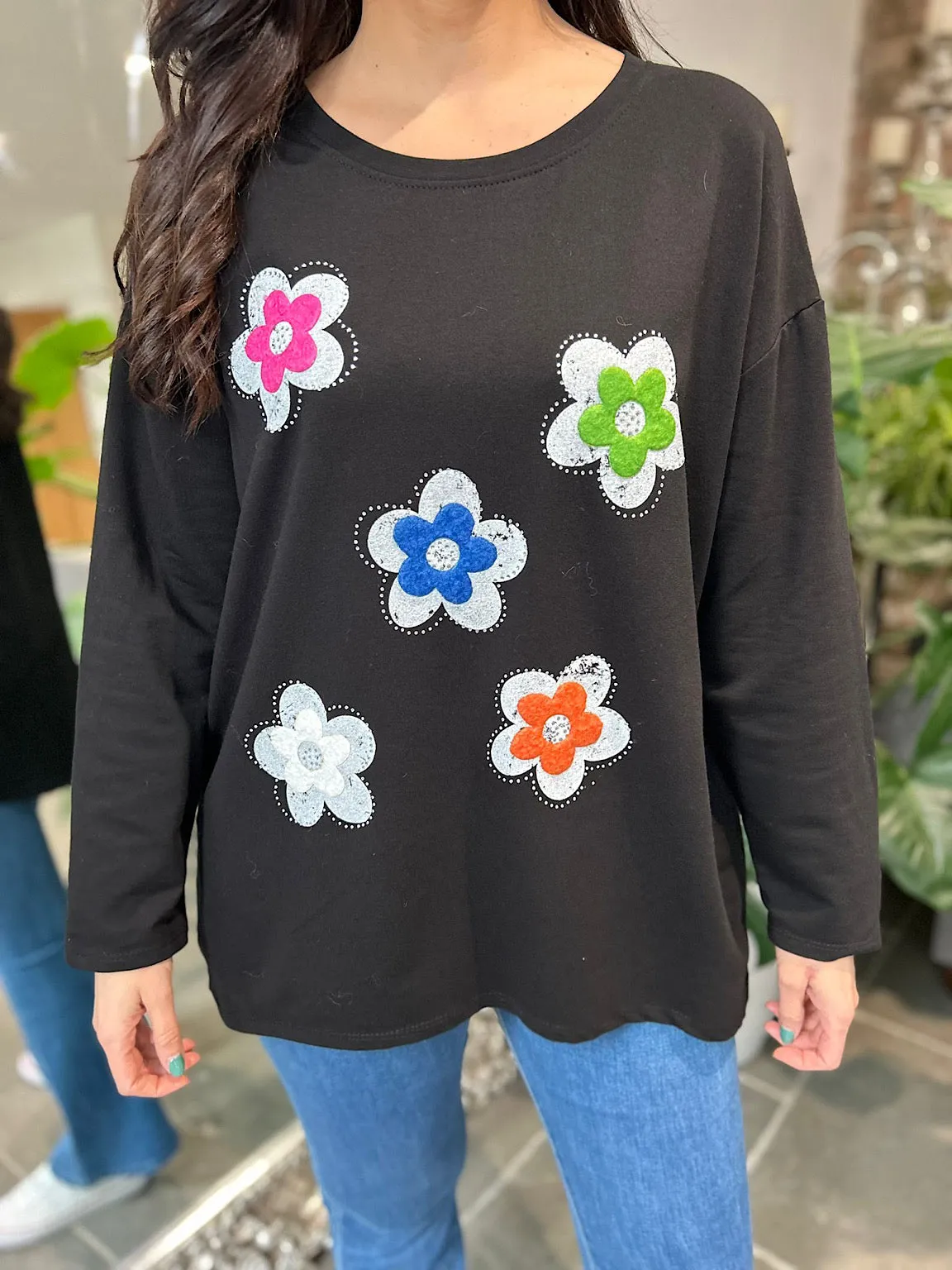 Black Textured Flower Sweat Top Harriet