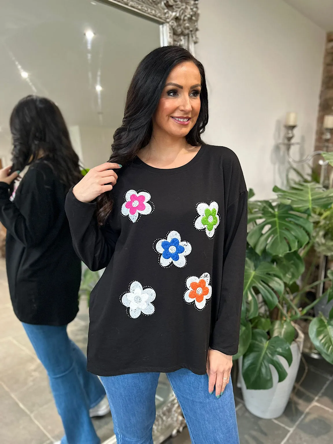 Black Textured Flower Sweat Top Harriet