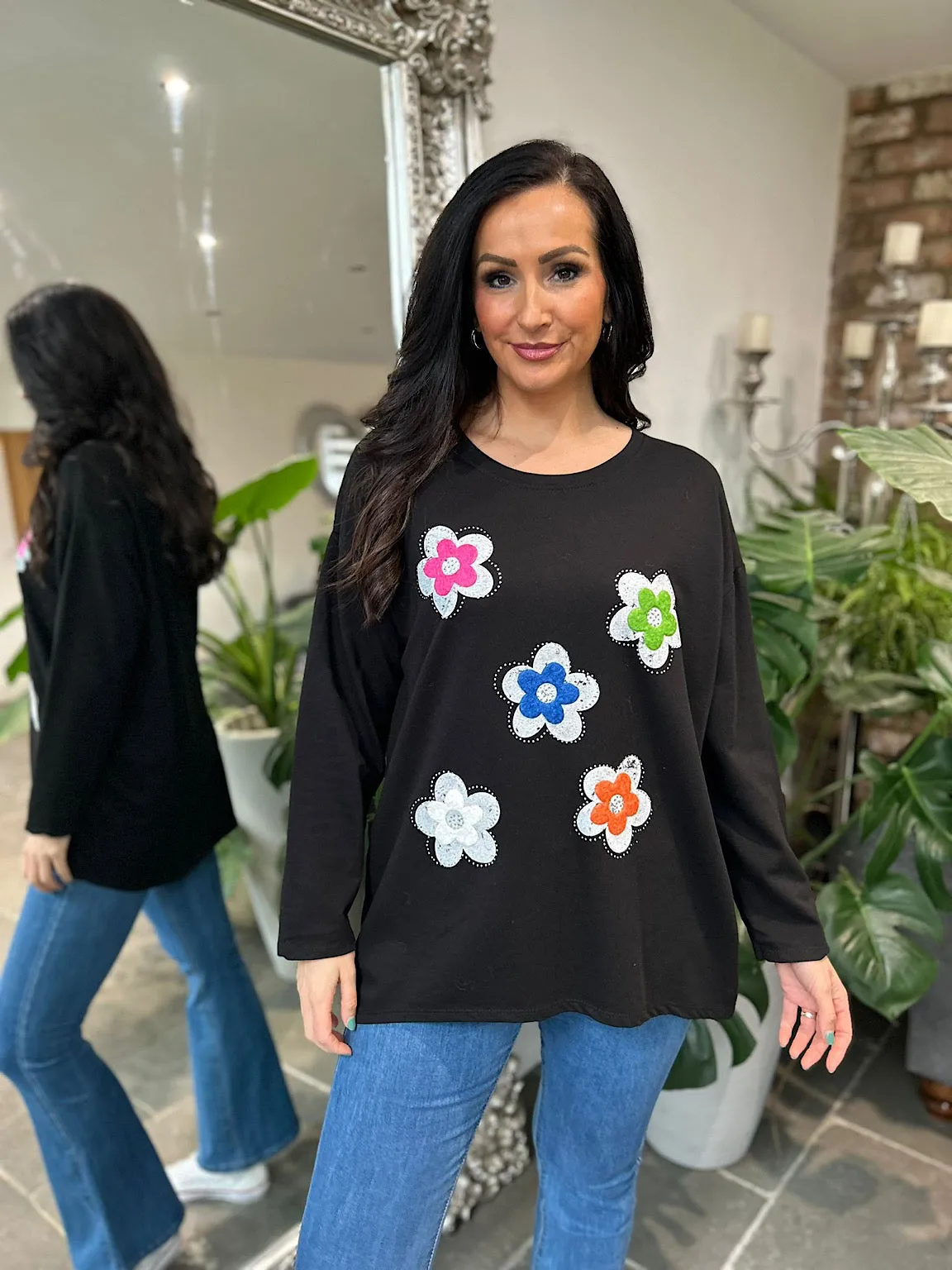 Black Textured Flower Sweat Top Harriet