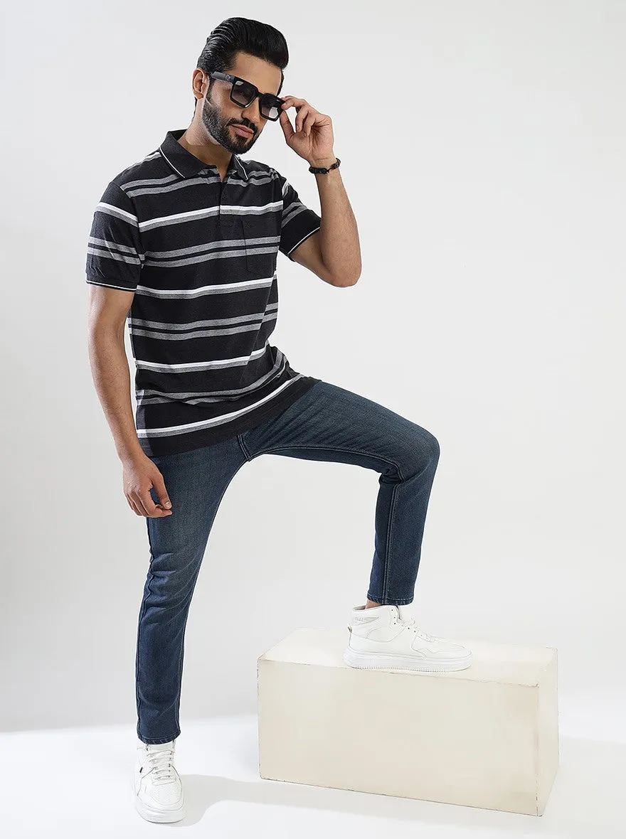 Dark Grey Striped Slim Fit Polo T-Shirt | Greenfibre