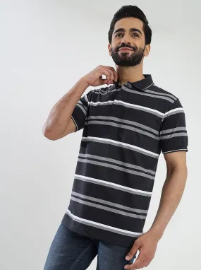 Dark Grey Striped Slim Fit Polo T-Shirt | Greenfibre