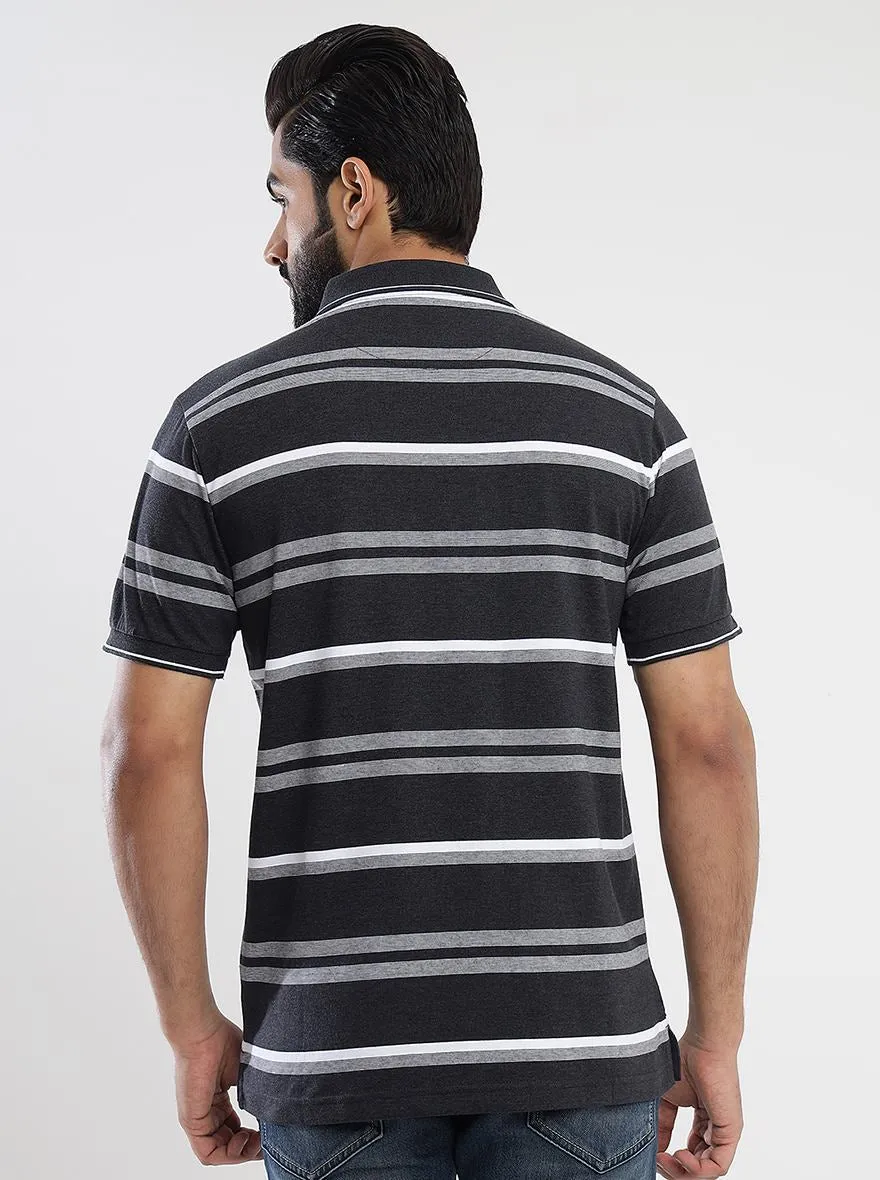 Dark Grey Striped Slim Fit Polo T-Shirt | Greenfibre