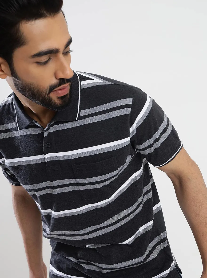 Dark Grey Striped Slim Fit Polo T-Shirt | Greenfibre