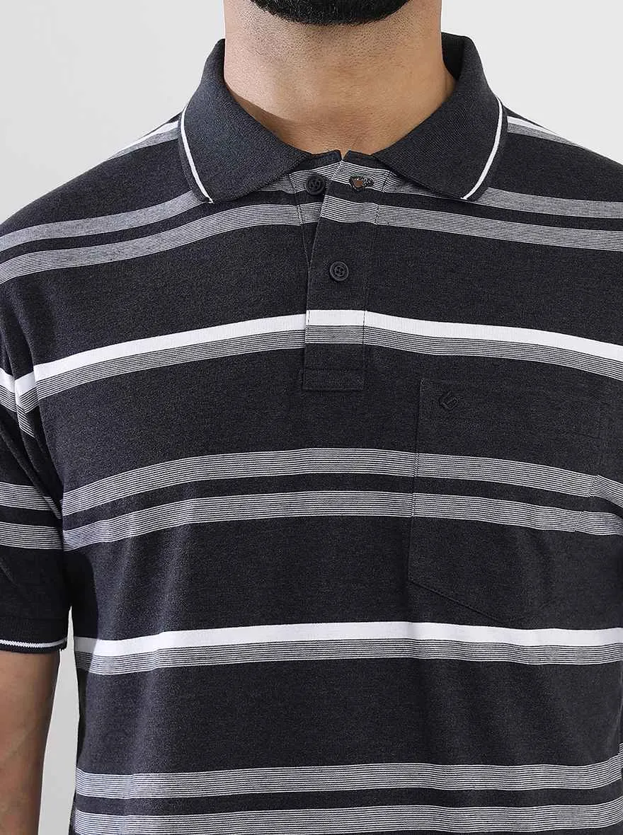 Dark Grey Striped Slim Fit Polo T-Shirt | Greenfibre