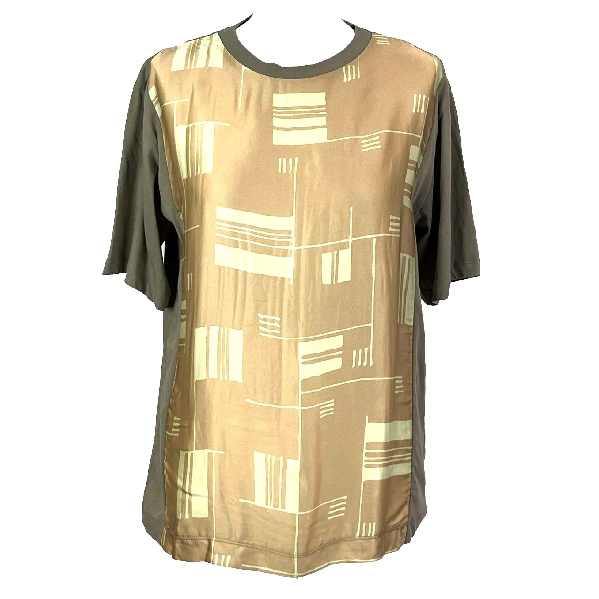 Dries Van Noten Brand New Taupe & Peach Silk Print Tee Shirt XS