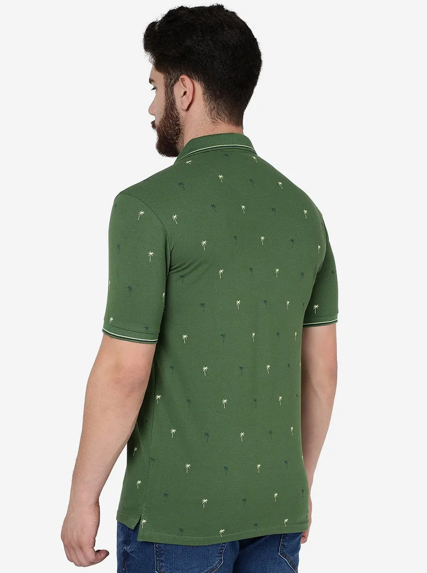 Garden Green Printed Slim Fit Polo T-Shirt | JadeBlue