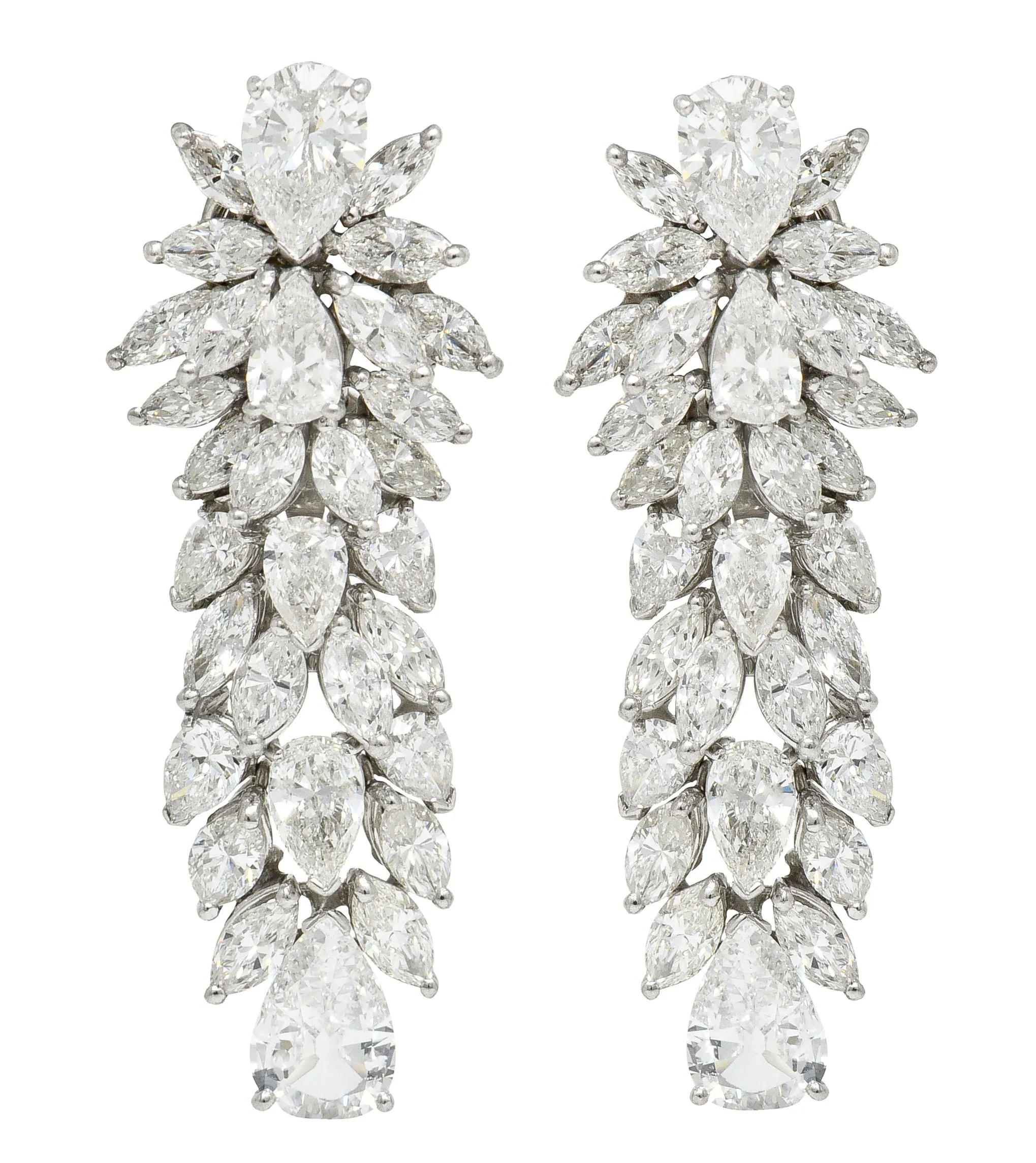 Mid-Century 17.33 CTW Pear & Marquise Cut Diamond Platinum Clustered Burst Vintage Drop Earrings