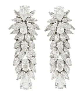 Mid-Century 17.33 CTW Pear & Marquise Cut Diamond Platinum Clustered Burst Vintage Drop Earrings