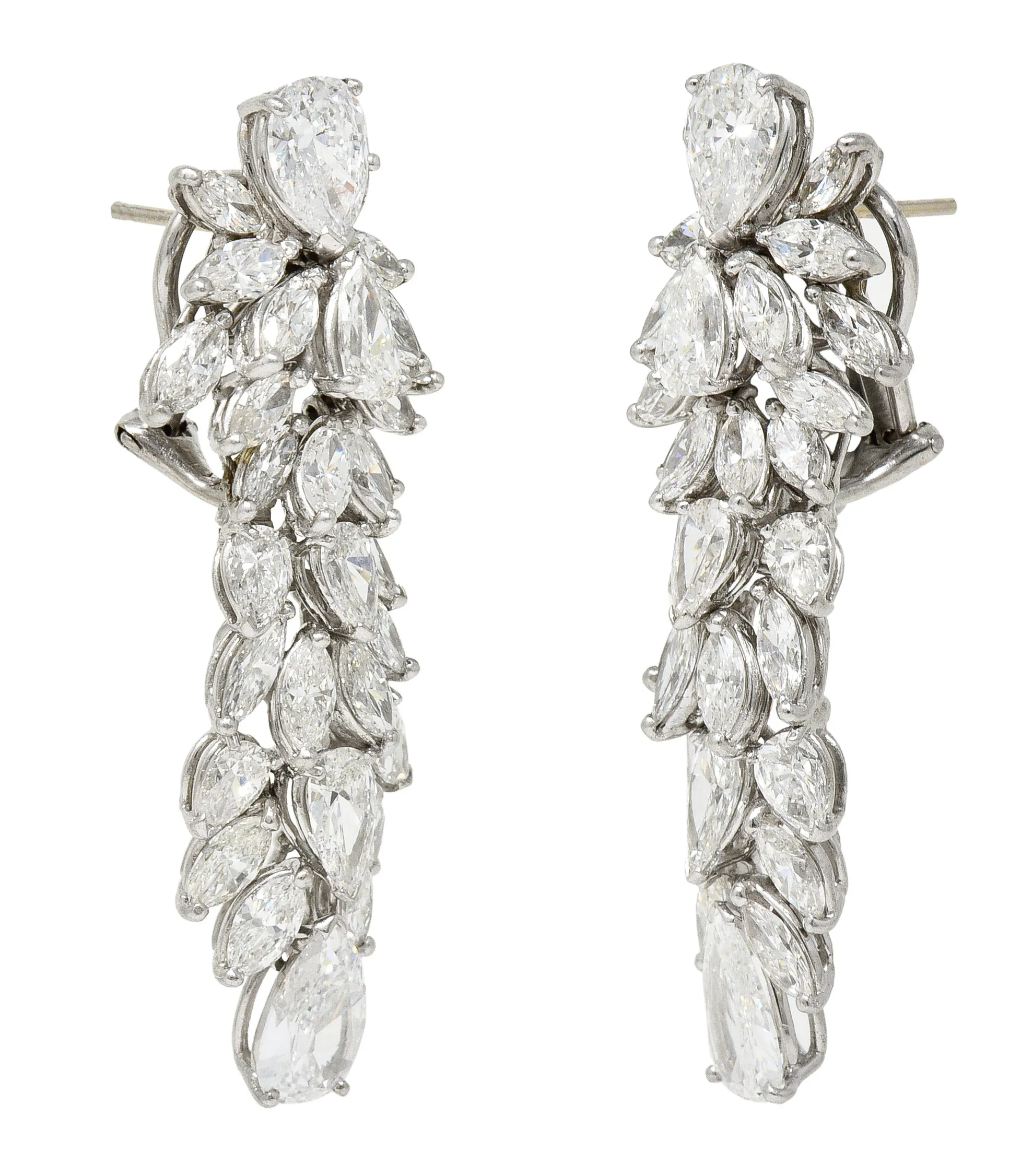 Mid-Century 17.33 CTW Pear & Marquise Cut Diamond Platinum Clustered Burst Vintage Drop Earrings