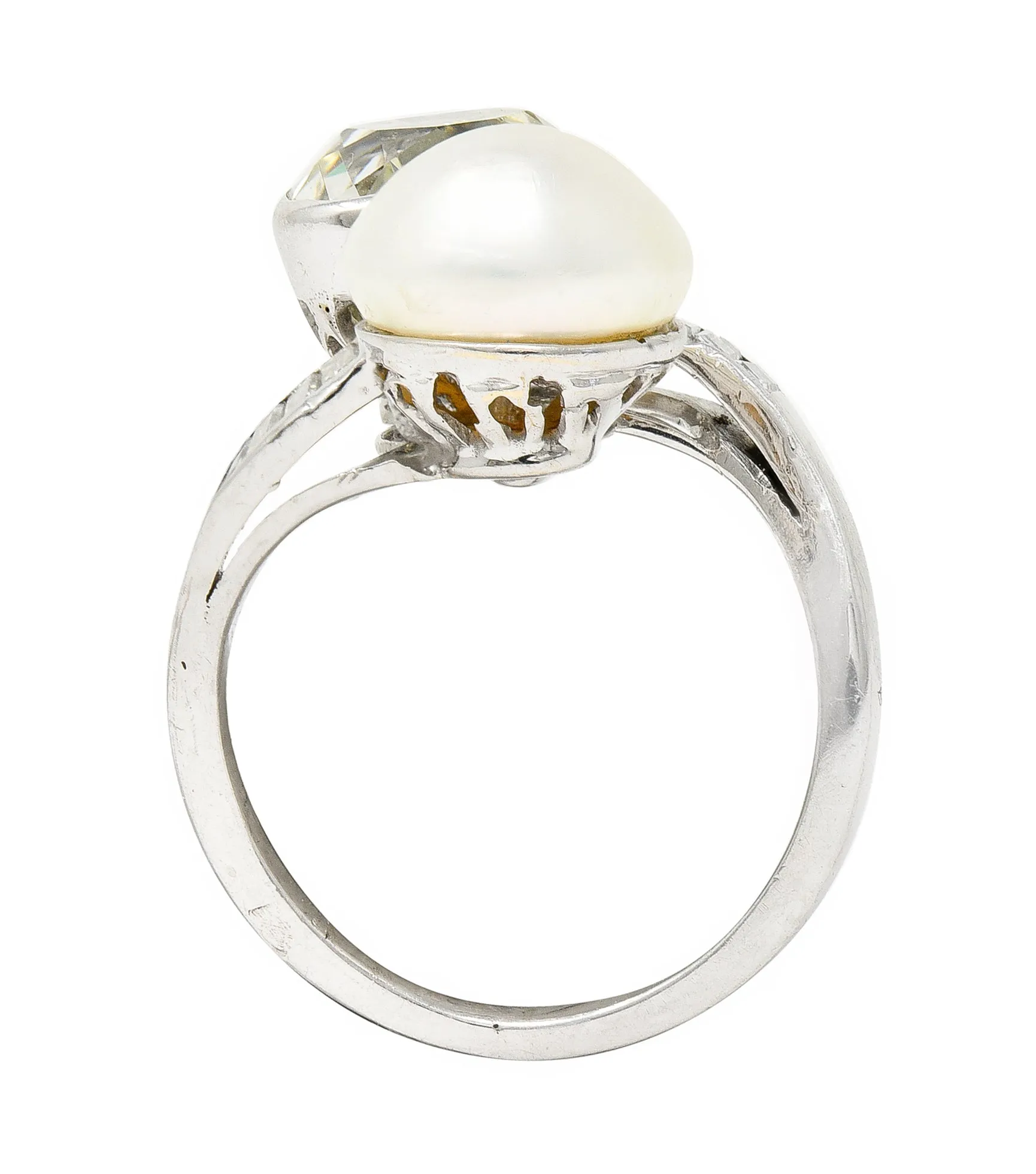 Mid-Century 3.52 CTW Old Mine Cut Diamond Pinctada Pearl Platinum Toi-Et-Moi Vintage Ring GIA