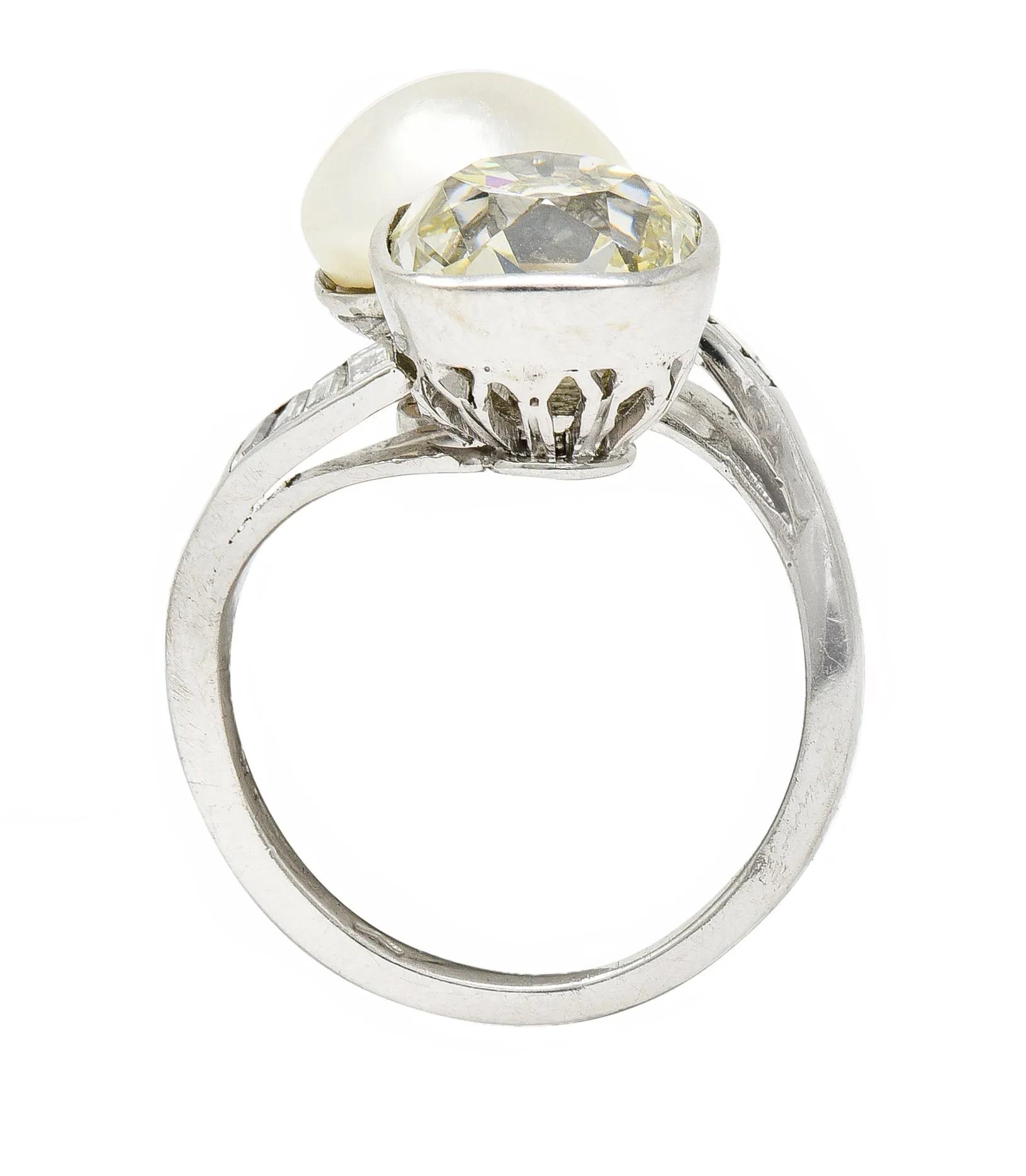 Mid-Century 3.52 CTW Old Mine Cut Diamond Pinctada Pearl Platinum Toi-Et-Moi Vintage Ring GIA