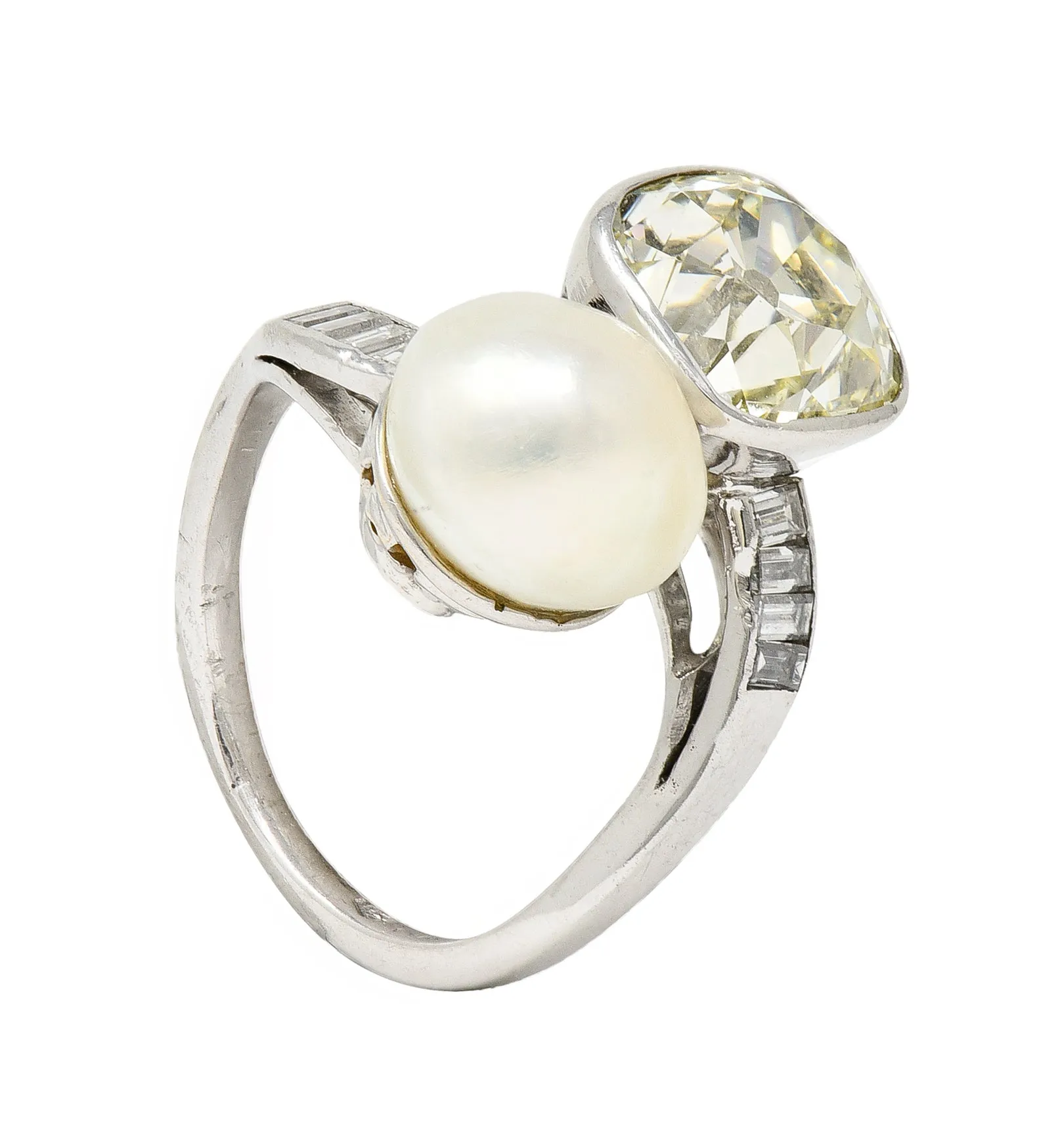 Mid-Century 3.52 CTW Old Mine Cut Diamond Pinctada Pearl Platinum Toi-Et-Moi Vintage Ring GIA