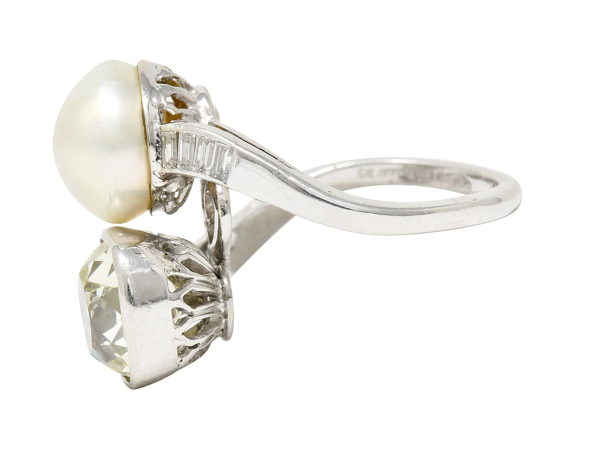 Mid-Century 3.52 CTW Old Mine Cut Diamond Pinctada Pearl Platinum Toi-Et-Moi Vintage Ring GIA