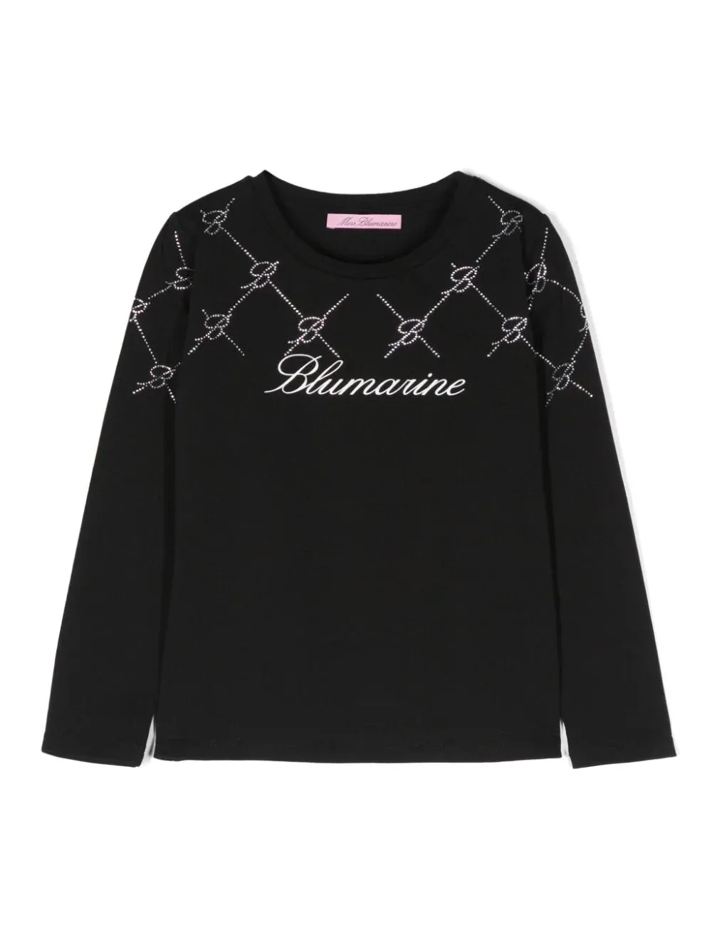 MISS BLUMARINE KIDS Black T-Shirt With Rhinestone Logo And Monogram Motif