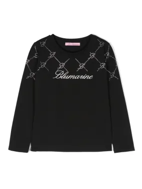 MISS BLUMARINE KIDS Black T-Shirt With Rhinestone Logo And Monogram Motif