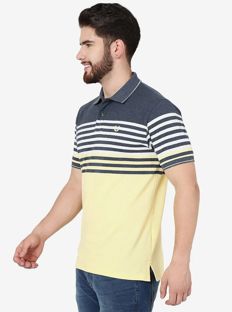 Navy Blue & Yellow Striped Slim Fit Polo T-Shirt | Greenfibre