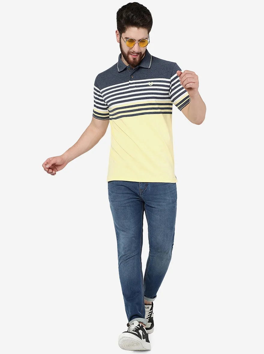 Navy Blue & Yellow Striped Slim Fit Polo T-Shirt | Greenfibre