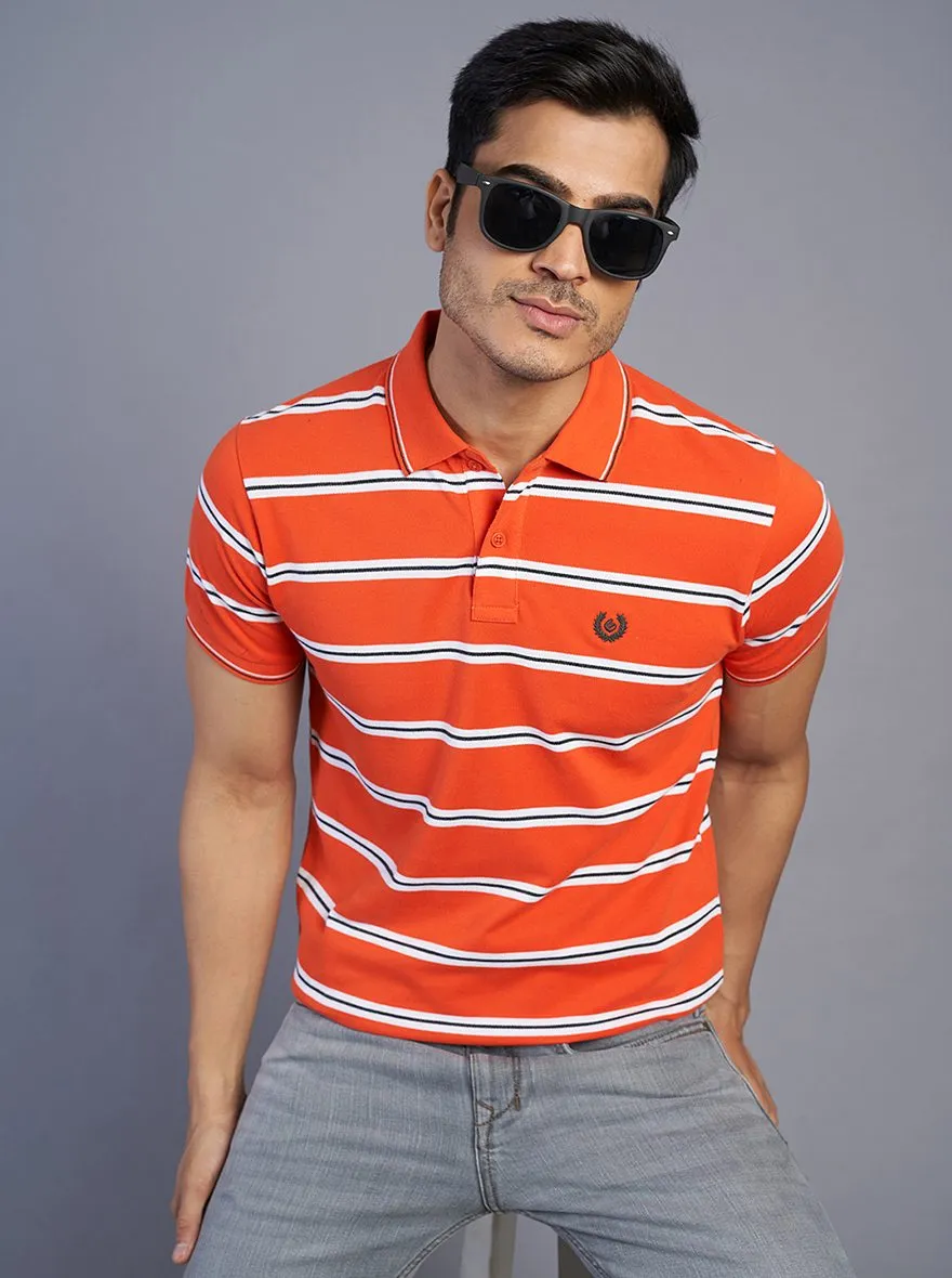 Orange Striped Slim Fit Polo T-Shirt | Greenfibre