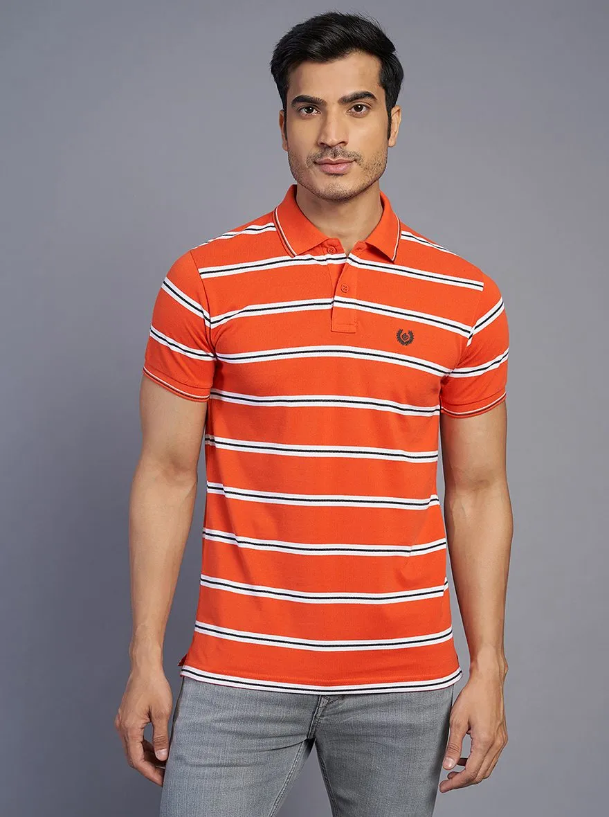 Orange Striped Slim Fit Polo T-Shirt | Greenfibre