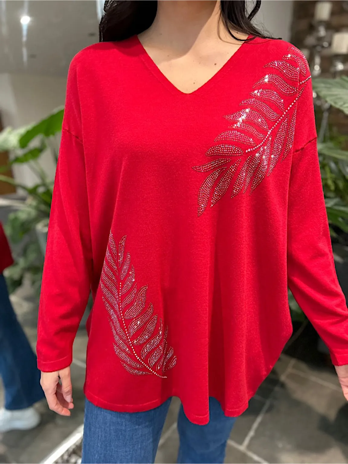 Red Diamante Leaf Detail Knit Frankie