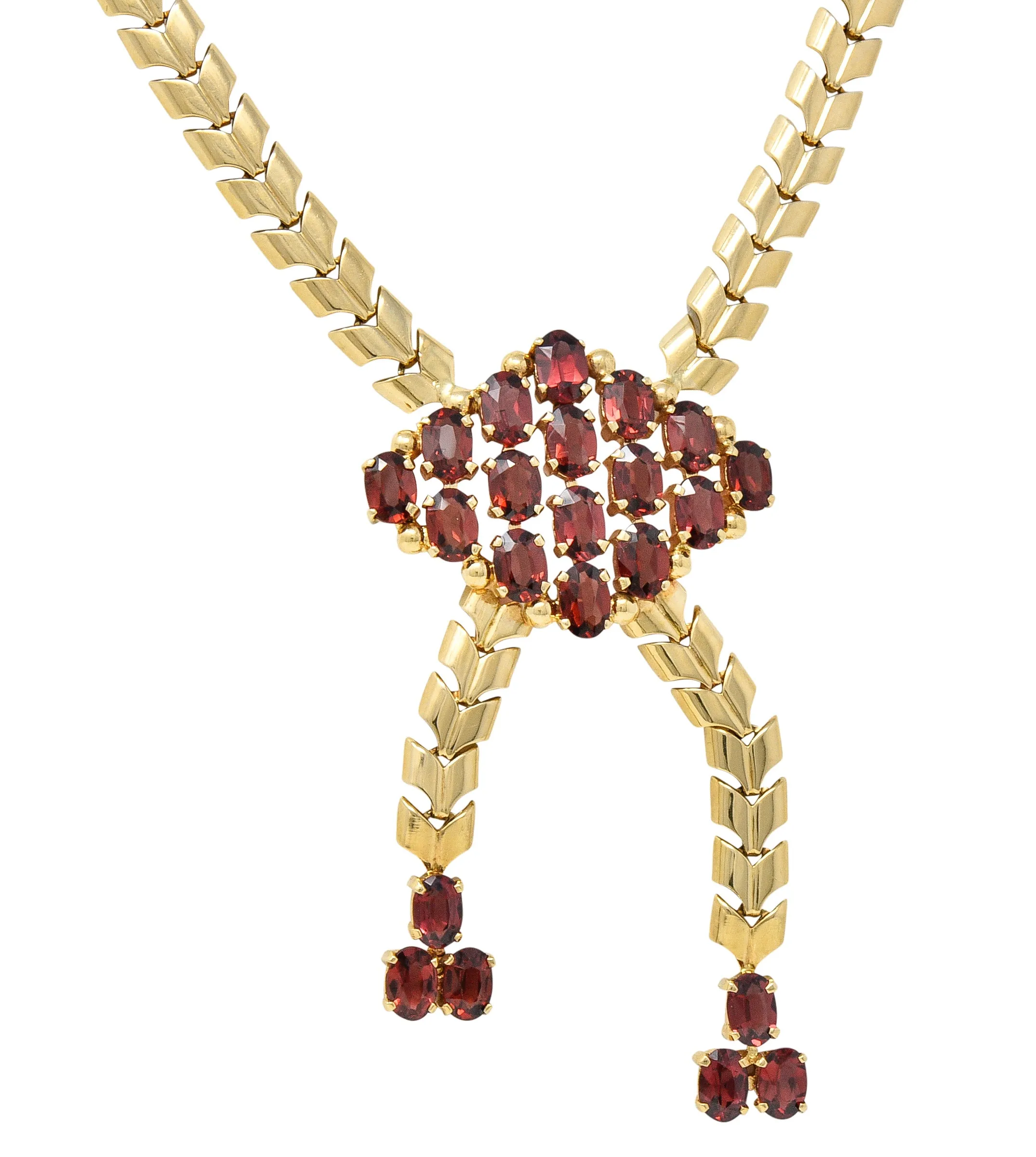 Tiffany & Co. Wordley Allsopp & Bliss Retro Garnet 14 Karat Yellow Gold Wheat Link Vintage Lariat Station Necklace