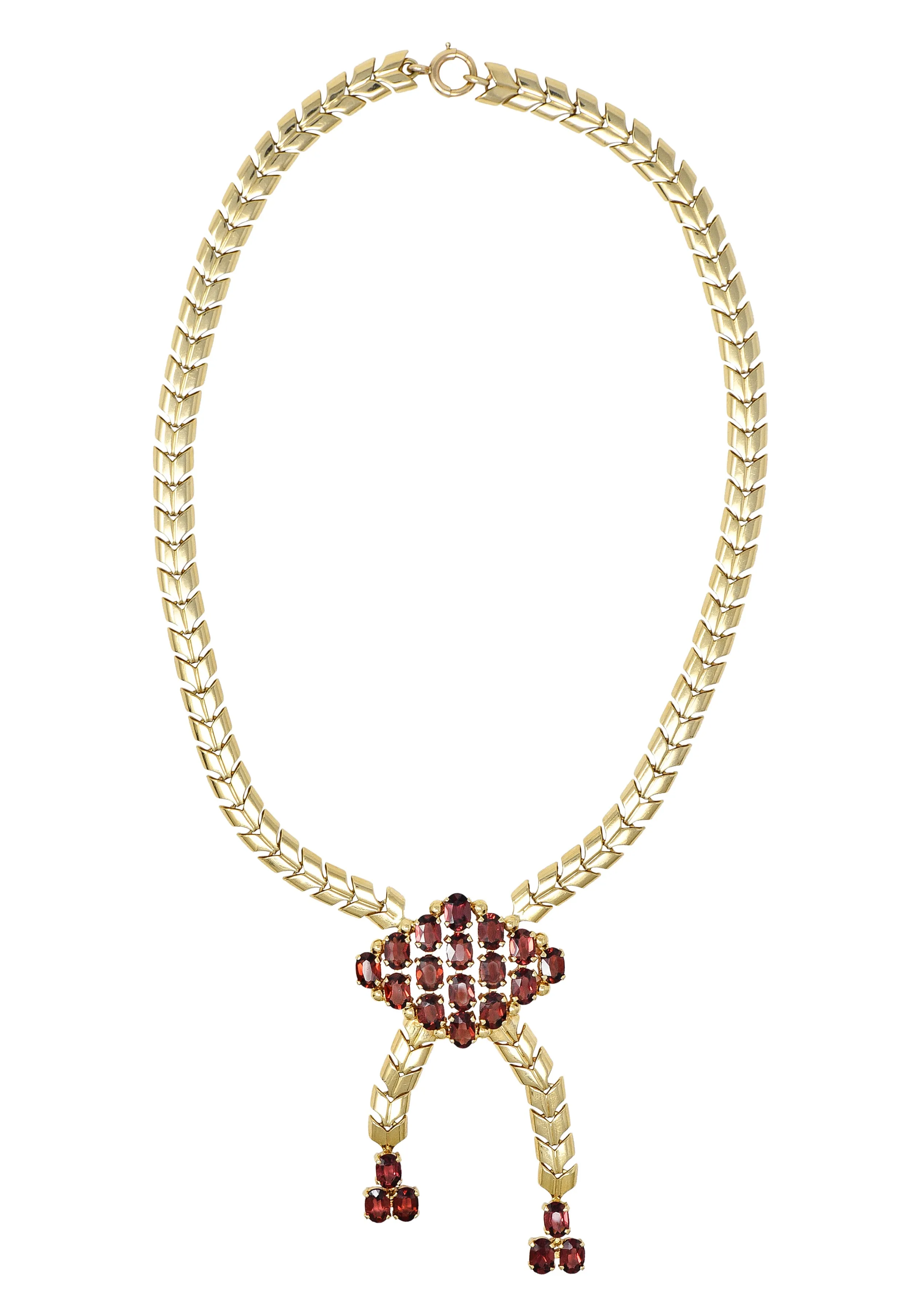 Tiffany & Co. Wordley Allsopp & Bliss Retro Garnet 14 Karat Yellow Gold Wheat Link Vintage Lariat Station Necklace