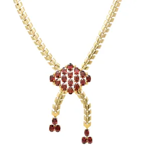 Tiffany & Co. Wordley Allsopp & Bliss Retro Garnet 14 Karat Yellow Gold Wheat Link Vintage Lariat Station Necklace