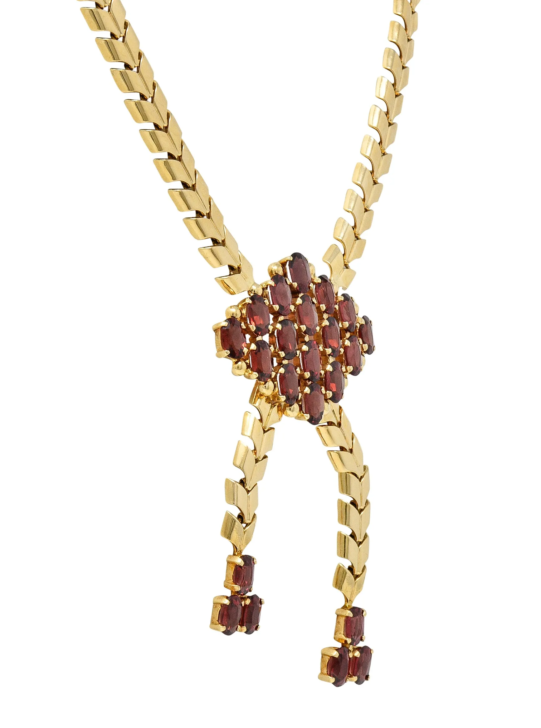 Tiffany & Co. Wordley Allsopp & Bliss Retro Garnet 14 Karat Yellow Gold Wheat Link Vintage Lariat Station Necklace