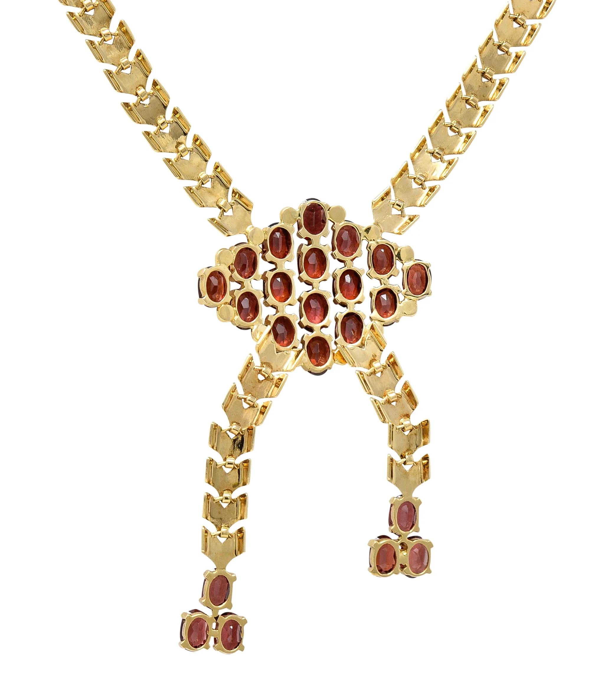 Tiffany & Co. Wordley Allsopp & Bliss Retro Garnet 14 Karat Yellow Gold Wheat Link Vintage Lariat Station Necklace