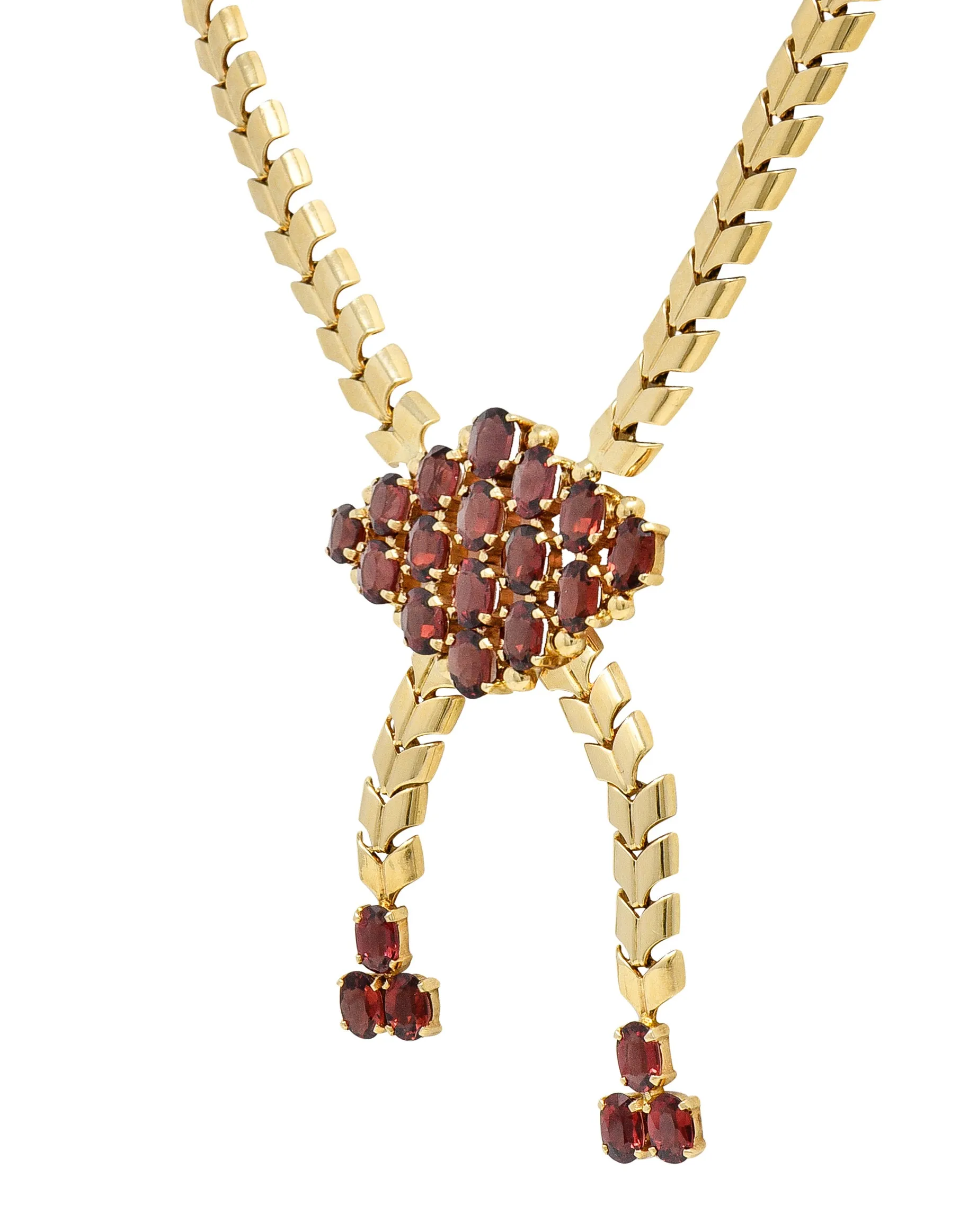 Tiffany & Co. Wordley Allsopp & Bliss Retro Garnet 14 Karat Yellow Gold Wheat Link Vintage Lariat Station Necklace