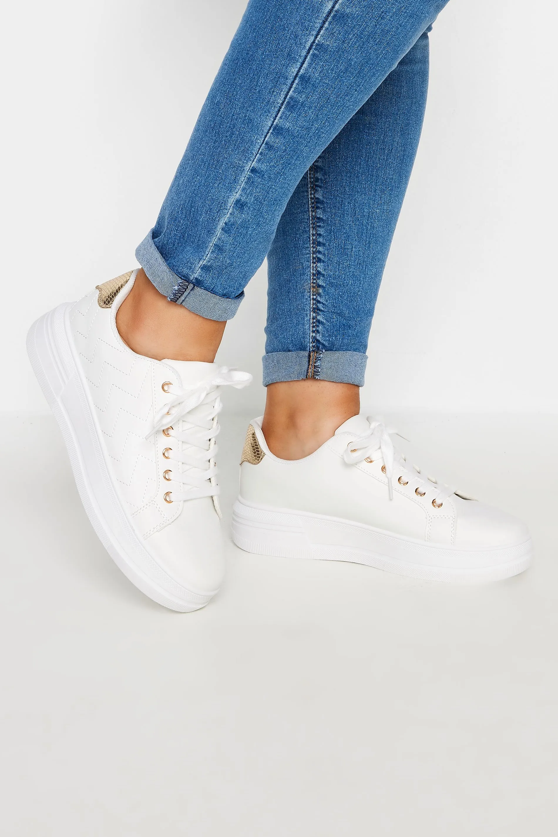 White & Gold Chevron Chunky Trainers In Extra Wide EEE Fit