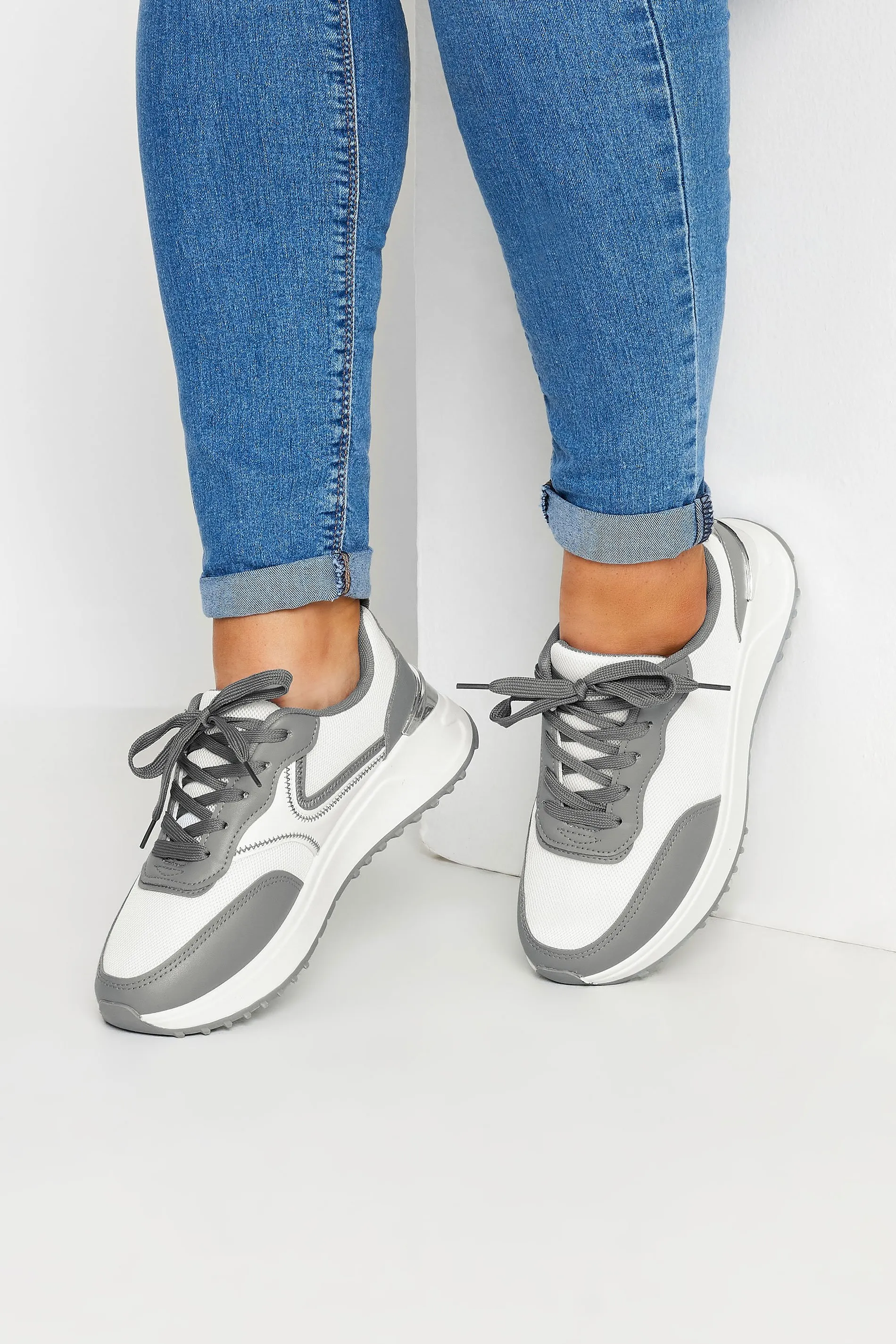 White & Grey Contrast Chunky Trainers In Wide E Fit