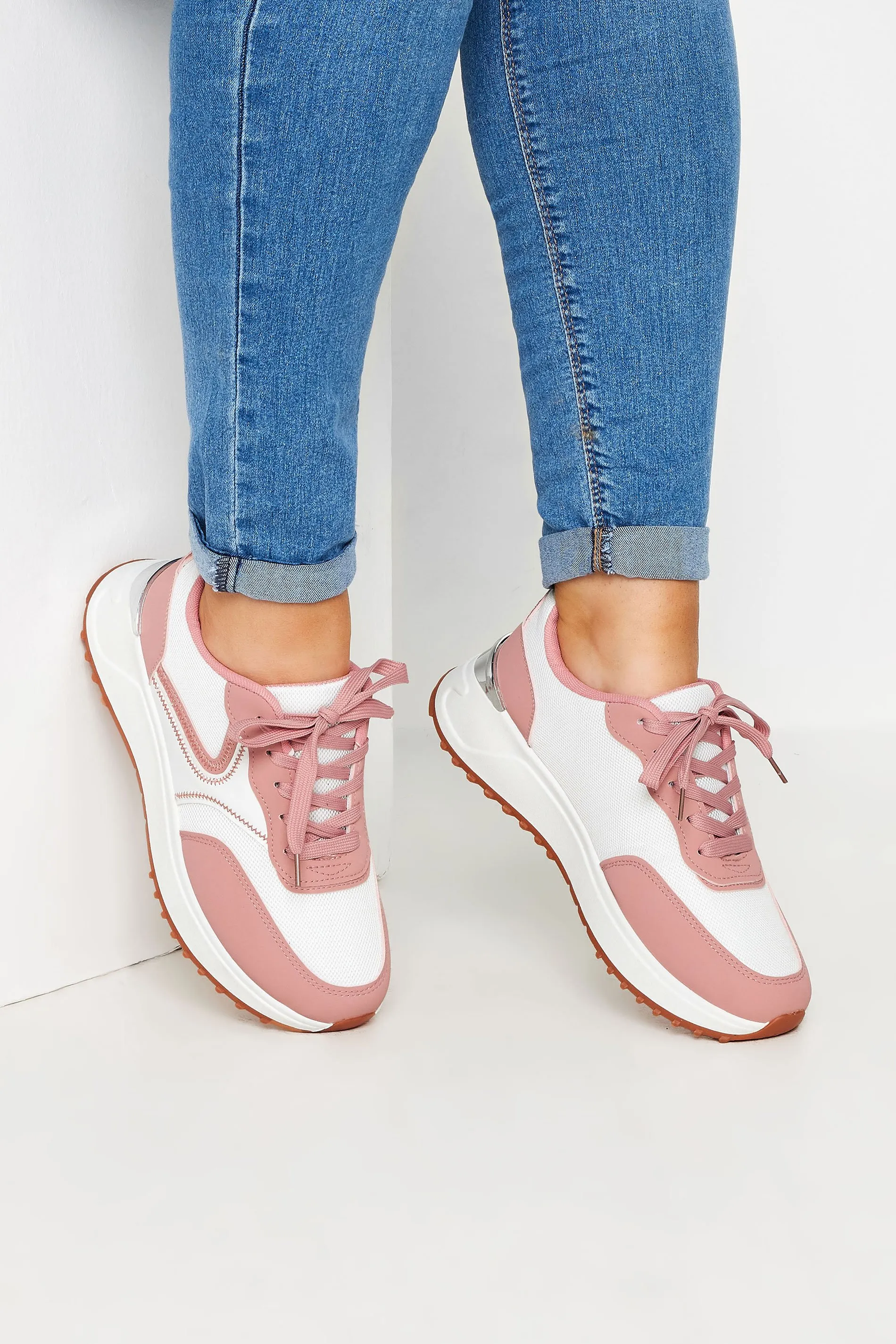 White & Pink Contrast Chunky Trainers In Wide E Fit