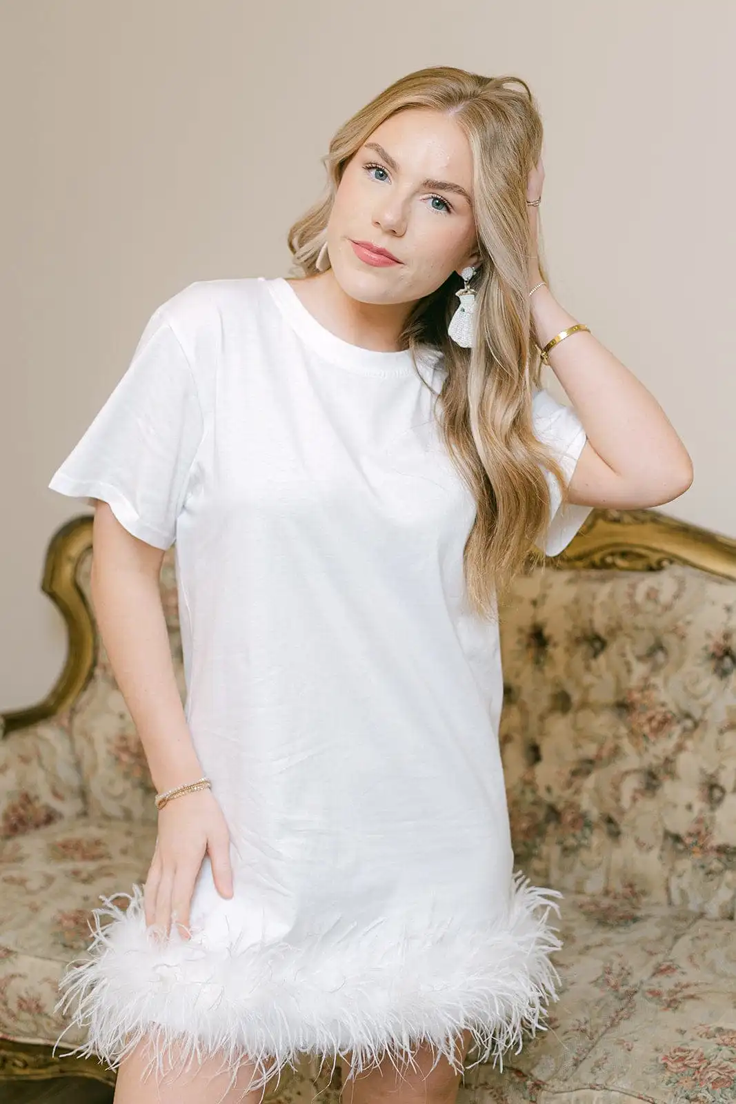 White Feather Hem T-Shirt Dress