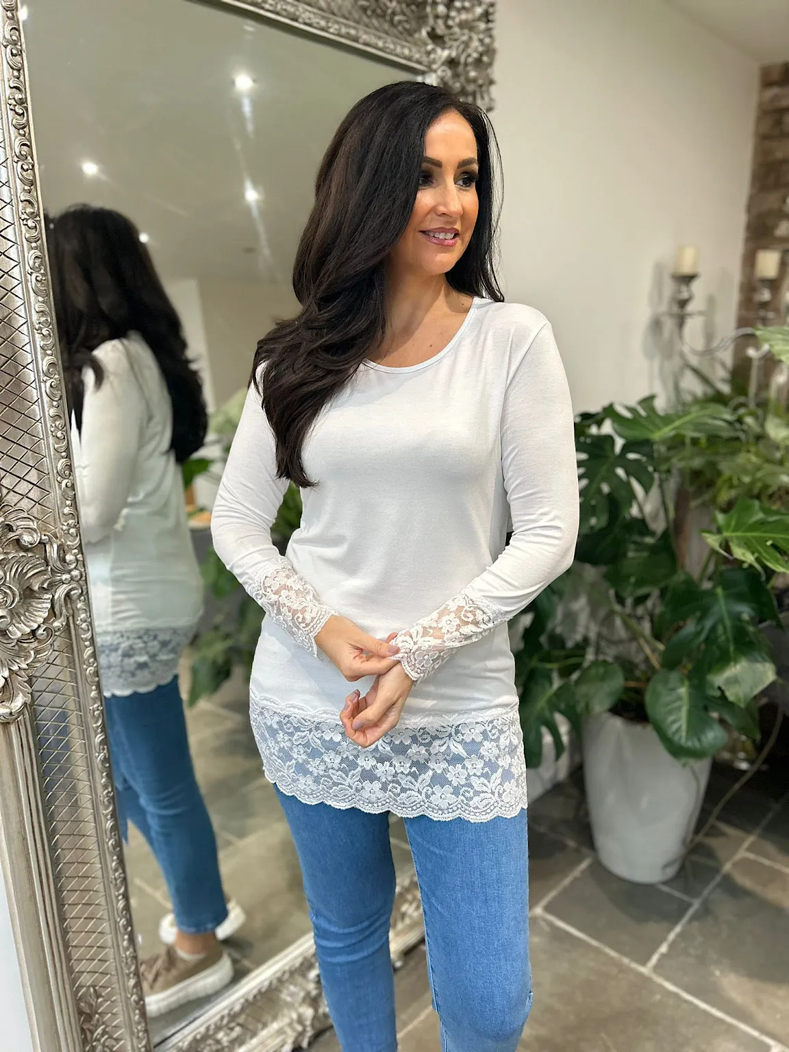 White Lace Trim Round Neck Top Ruth